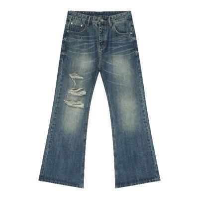 港风复古破洞水洗牛仔喇叭裤纯棉