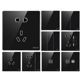 德力西玻璃大板镜面86型五孔三插双控单开墙壁开关插座面板881黑