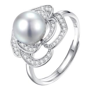 海水珠玫瑰花戒指女款akoya真多麻色灰珠可调节轻奢高级感手饰品