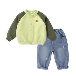 右欧儿童户外套装春秋季新款童装男童女童棒球服外套牛仔裤两件套