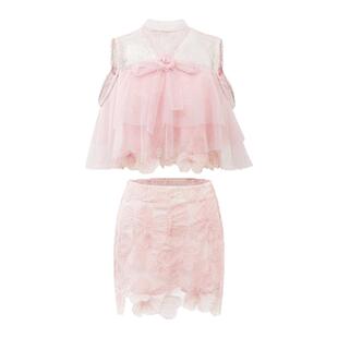 The Festive夏日憧憬香氛花境网纱套装时尚优雅少女粉上衣半裙