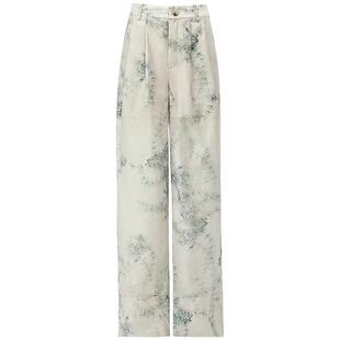 COCOBELLA[烟锁青绿]新中式印花西裤女莱赛尔打褶直筒休闲裤PA925