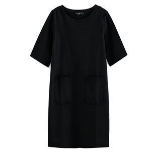 春秋宽松中长款连衣裙中袖圆领高端欧美气质简约口袋空气棉直筒裙