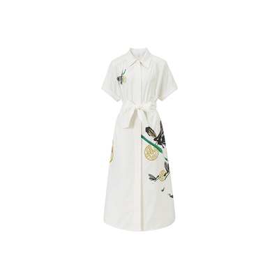 HUI卉凝脂白蓝蝶绘春衬衫连衣裙