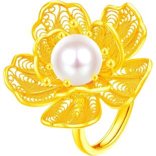 梦金园显大珍珠戒指女花丝牡丹花开新中式国风食指戒指环送女礼物