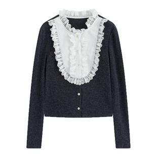 Marc Moore 2025秋季新款宫廷风蕾丝拼接羊毛针织上衣女百搭上衣