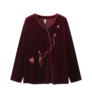 中老年女装胖妈妈装春秋款加肥加大码金丝绒绣花宽松弹力长袖T恤