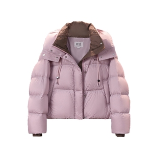 她池连帽羽绒服2025冬季新款女装宽松款撞色落肩袖短款保暖外套