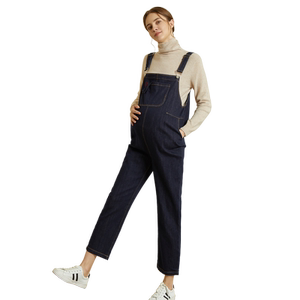 费雪孕妇背带裤春秋外穿新款牛仔裤小个子宽松直筒孕妇裤大码套装