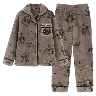 日系卡通耿鬼睡衣女秋冬季法兰绒加厚保暖套装珊瑚绒可外穿家居服