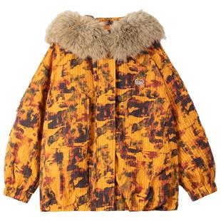 KEIKO 日系复古大毛领连帽迷彩棉服25秋冬加厚保暖外套短款面包服