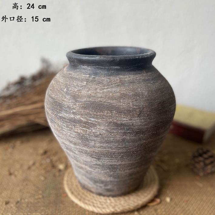 复古做旧粗陶盆干花花瓶酒店软装手工土陶罐插花花器摆件i.