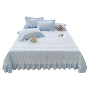 纯色全棉夹棉绣花床盖单件带裙边公主风花边纯棉床单加厚四季通用