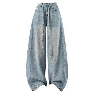 拉夏贝尔满天星烫钻弯刀牛仔裤女2026春秋新款高腰宽松显瘦阔腿裤