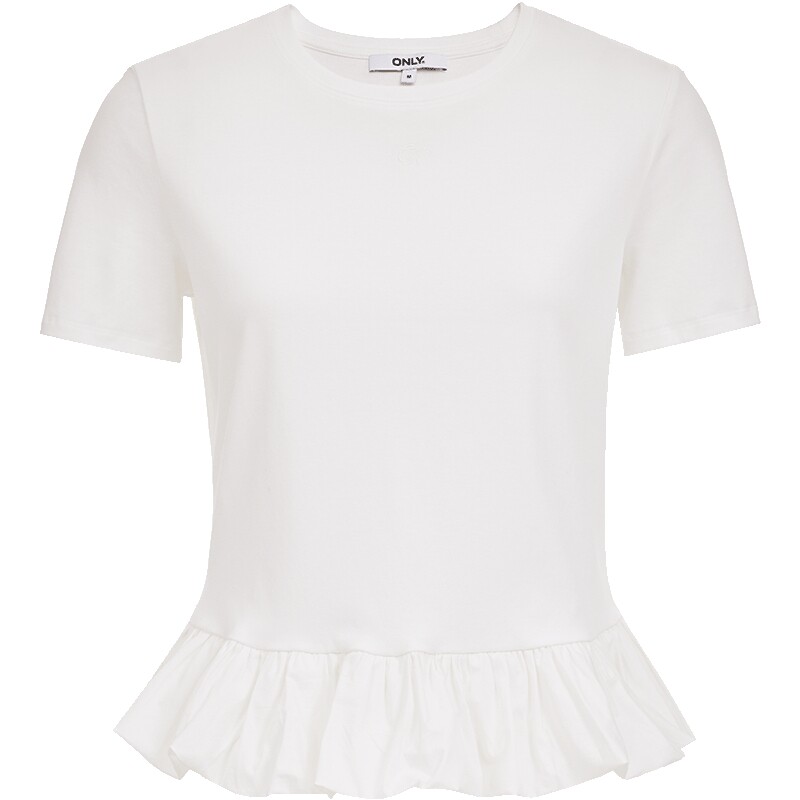 ONLY2026春季新款云朵花苞下摆拼接圆领正肩上衣黑白色T恤女