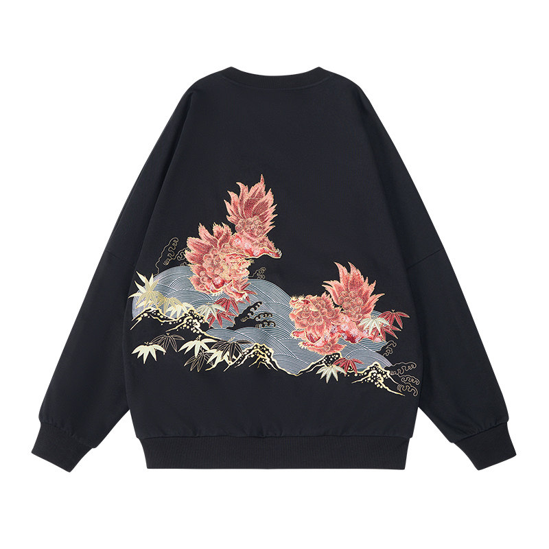 ONIARAI/鬼洗25秋冬泥棒蓝赤焰唐狮刺绣拼接卫衣男式新品 25NOB52
