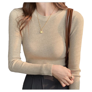 螺纹针织衫圆领薄款2024春季新款毛衣女士上衣爆款修身内搭打底衫