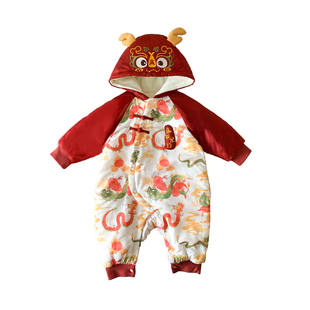 婴儿25新年衣服喜庆宝宝连体衣夹棉加绒保暖冬装过年幼儿哈衣爬服