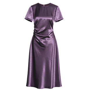 罗衣高级感职场紫色缎面连衣裙女夏季设计感通勤褶皱中长裙12078