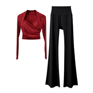 普拉提红色瑜伽服女套装2025新款秋冬气质健身运动长袖上衣喇叭裤