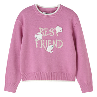 安奈儿童装女童圆领毛衣针织衫冬新款提花保暖弹力防风宽松