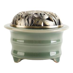 越窑青瓷竹报平安三鼎炉新中式陶瓷竹节香炉 家用室内檀香香薰炉