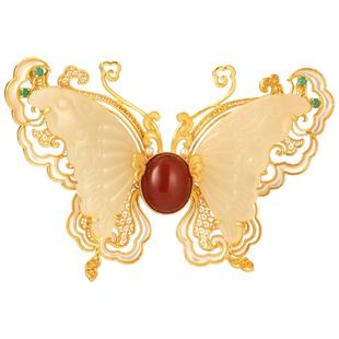 蝴蝶和田玉银鎏金胸针非遗花丝镂空螺钿多宝新中式凤尾蝶纯银胸花