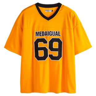 Medaigual 夏日亮色V领西海岸刺绣嘻哈球衣短袖男街头滑板宽松T恤