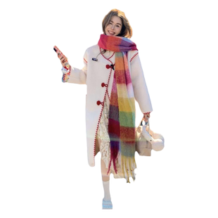 CLOUDSEASON盘扣拼色大衣女款2026新款冬季小个子白色中长款外套