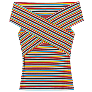 落落狷介今年流行女装彩色条纹T恤2025新款一字肩设计感无袖上衣