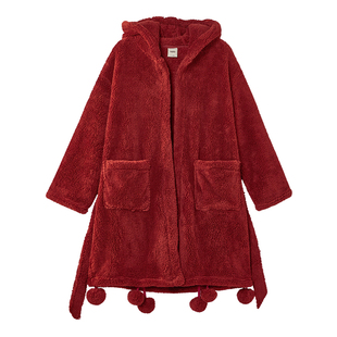 yso【红品系列】珊瑚绒睡袍女睡衣冬新年红过色年圣诞浴袍家居服D