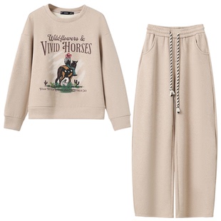 休闲运动服套装女2025巨好看的冬装一套卡通印花卫衣阔腿裤两件套