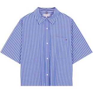 【纯棉府绸】Tommy春夏女装休闲度假风条纹纯色短款短袖衬衫外套