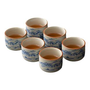 米黄汝窑青花茶杯陶瓷品茗杯6只装功夫茶杯主人杯家用喝茶小茶碗