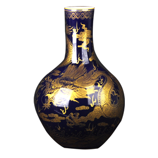 景德镇陶瓷器清乾隆仿古霁蓝颜色釉描金天球瓶客厅博古架花瓶摆件