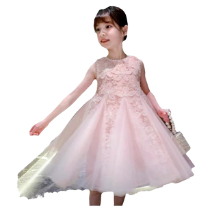 女童连衣裙夏装儿童公主裙国风粉色网纱蕾丝高级感小女孩背心裙