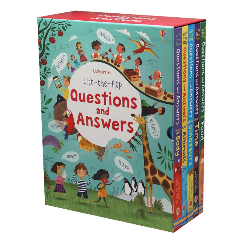 英文原版 Usborne Lift-the-Flap Questions and Answers 你问我答科普翻翻书食物、恐龙、时间、身体、动物5册 英文版 进口书籍