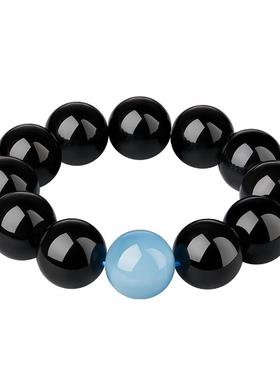 天然黑曜石手串海蓝宝文玩佛珠男