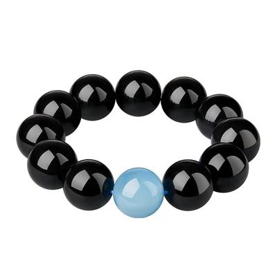 天然黑曜石手串海蓝宝文玩佛珠男
