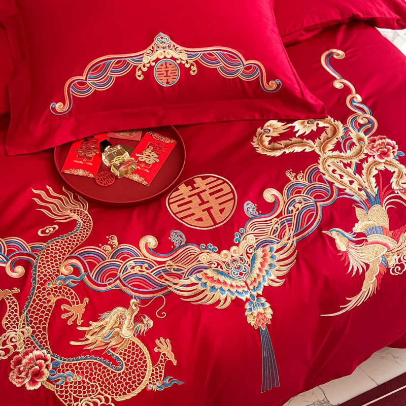 新中式龙凤刺绣160支婚庆四件套大红色喜被纯棉床单结婚床上用品4