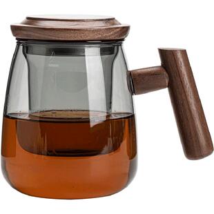 苏氏陶瓷 君悦玻璃杯泡茶杯茶水分离高硼硅 玻璃木盖 透黑办公杯