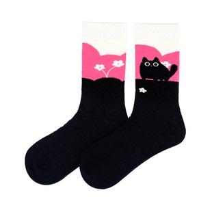 【守护能量袜】Walki踩点暴力粉红中筒女袜大童袜-云端黑猫 撞色