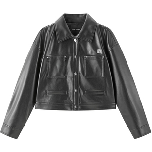 太平鸟款棕色PU皮衣夹克外套女开春小皮衣小个子短款A1BBE3407