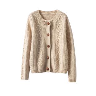 重磅奢华！真皮包扣复古奶奶风羊绒开衫女纯羊绒毛衣针织加厚外套