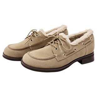 莎莎苏2025年秋冬新款低跟薄底通勤乐福鞋复古孟克棕色加绒小皮鞋