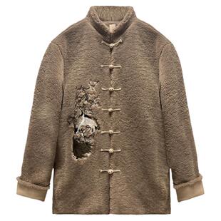 半闲集＜鹤＞ 羊羔绒刺绣上衣新中式男装冬季毛毛外套中国风唐装