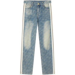 BM男士夏季薄款牛仔裤2024新款男潮牌高端休闲裤子侧条纹字母印花