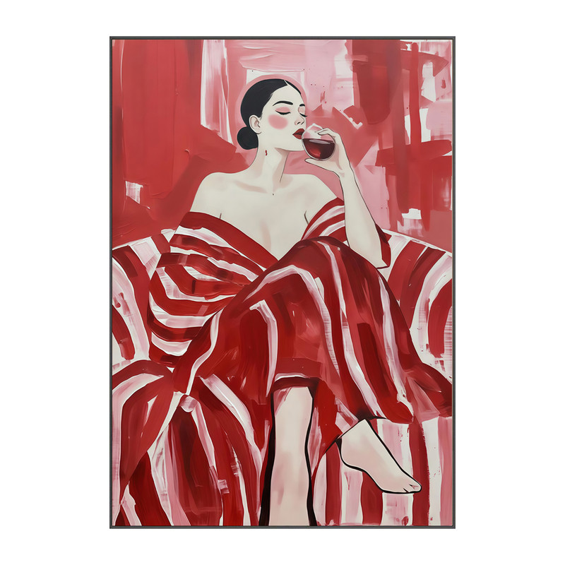 高级感红酒杯美女人物红色装饰画