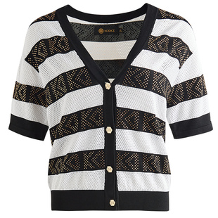 KODICE黑白条纹开衫女装春季新款V领短款五分袖针织外套开衫外搭