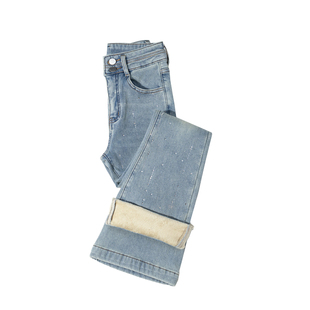 浅色满天星烫钻微喇牛仔裤女秋冬新款高腰双扣加绒弹力加长喇叭裤